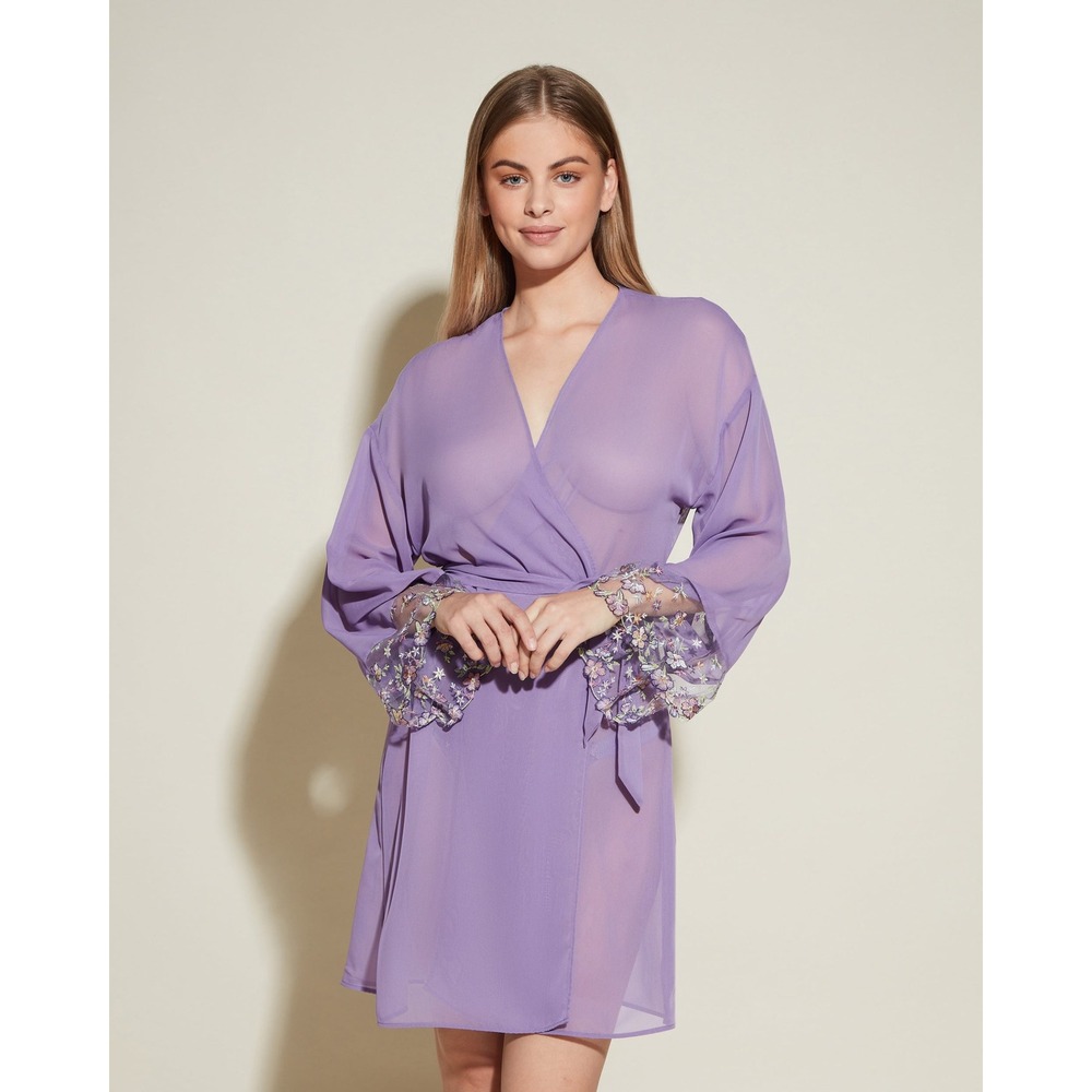 Cosabella Lavender Sheer Robe Floral Embroidered Cuffs Purple Wrap New S